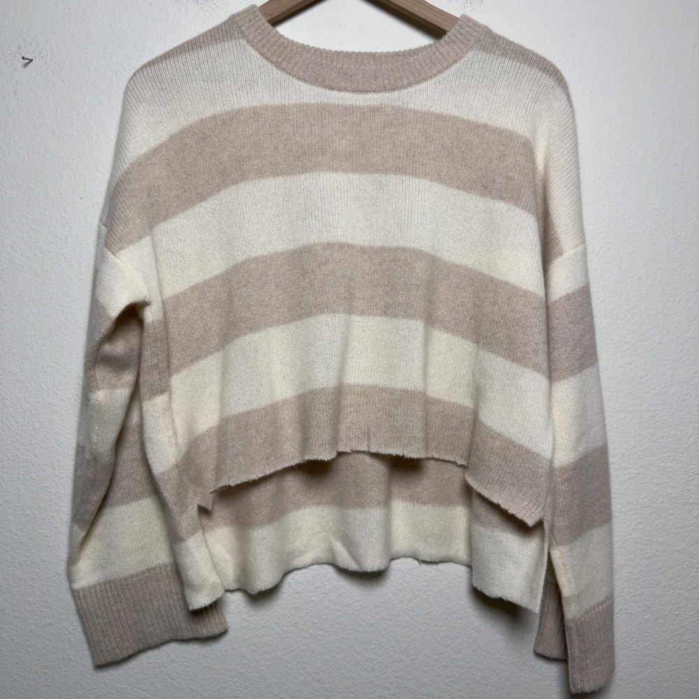Jenni Kayne Women 100% Cashmere Sweater Small Oatmeal Stripe Crop Boyfriend